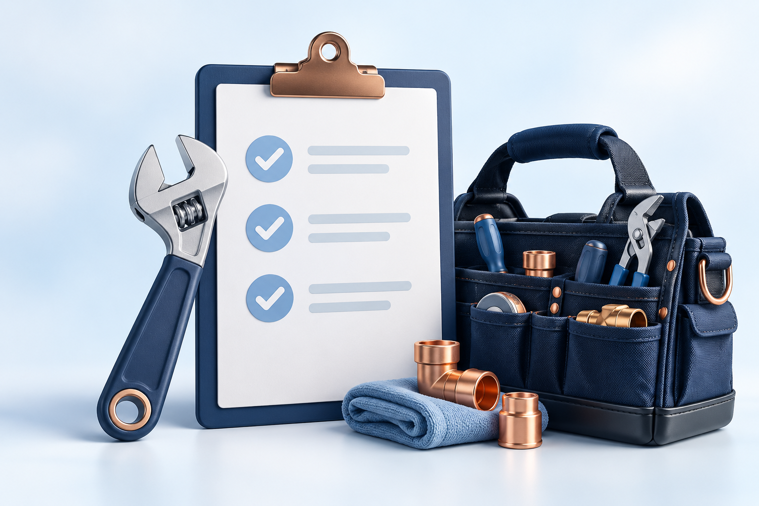 Illustration of a checklist and plumbing tools