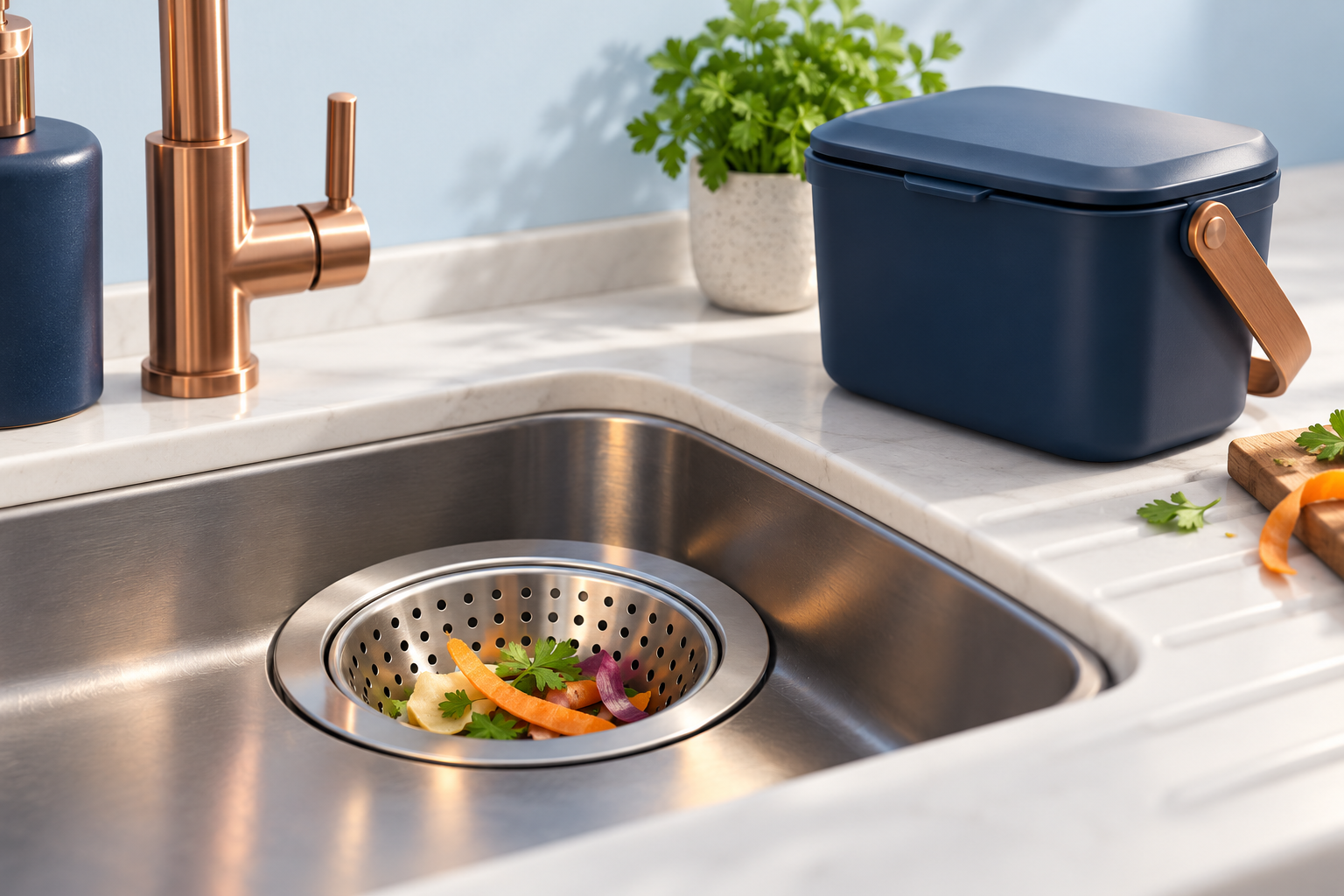 Illustration of a sink strainer and food waste caddy