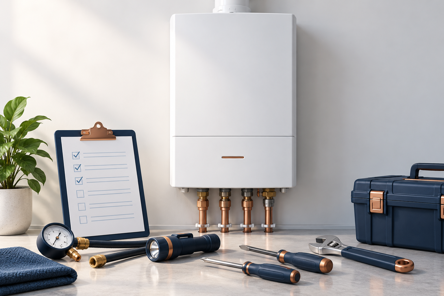 Illustration of a boiler, service checklist and tools